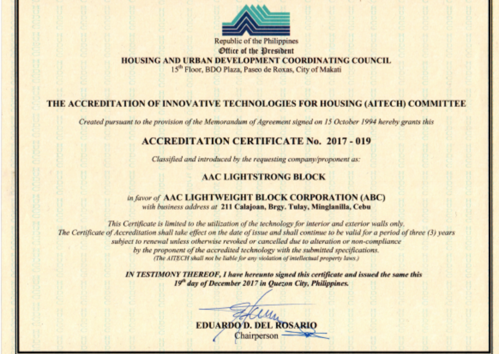 The salient features of LightStrong AAC Block make it ideal for residential projects. The Housing and Urban Development Coordinating Council awards LightStrong AAC with an AITECH (Accreditation of Innovative Technologies for Housing) Certificate allowing the use of the walling system for NHA (National Housing Authority) Housing Projects.